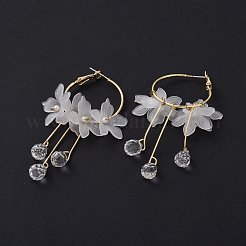 ガラス製のタッセルをあしらったアクリル製イミテーション シェル フラワー ダングル フープ イヤリング、スターリング シルバーのピン 925 本  女性のための鉄のアクセサリー  透明  69mm  ピン：0.7mm&nbsp;EJEW-L281-06LG