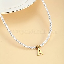 Colliers en perles d'imitation rondes blanches avec pendentif initial en alliage pour femmes&nbsp;WG5A9DE-01