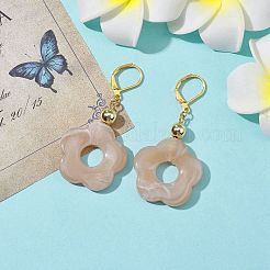 アクリルフラワーダングルフレンチフックピアス  ゴールド真鍮のイヤリング  淡い茶色  53x27mm&nbsp;EJEW-JE05625-04