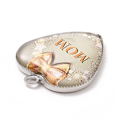 母の日合金ペンダント  ガラスと  プラチナ  ハートチャーム with word mom  ライトグレー  23x20.5x4mm  穴：2mm&nbsp;FIND-A014-01B