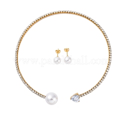 Круглые пластиковые серьги-гвоздики с имитацией жемчуга и колье-чокер с сердечками из кубического циркония и стразами SJEW-U003-10G