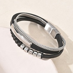 マイクロファイバーレザーコードを使用したマルチ連ブレスレット  304ステンレススチール製ブレスレット（女性用、男性用）  マグネットクラスプ付き  ブラック  8.35インチ（21.2cm）&nbsp;BJEW-C153-01F