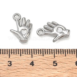 304ステンレススチールチャーム  ハートのチャームが付いた手のひら  ステンレス鋼色  15x11x3mm  穴：1.8mm&nbsp;SA-CBAE5AC-01P
