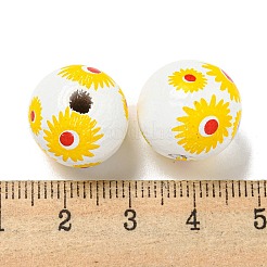 プリントウッドヨーロピアンビーズ  デイジー模様の丸い  ゴールド  15.5~16mm  穴：4~4.5mm&nbsp;WOOD-G022-19C