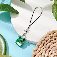 カエルガラスシードビーズチャーム携帯ストラップ  ナイロンコードループモバイルアクセサリー装飾  グリーン  85mm&nbsp;HJEW-MZ00122