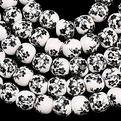 花柄プリントの磁器ビーズ  花柄のセラミック製丸ビーズ  ブラック  6mm  穴：2mm  約60個/連  12.5~13.58インチ&nbsp;PORC-L004-6mm-07