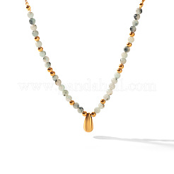 Colliers à perles rondes en acier inoxydable 304 avec pendentif en forme de larme et turquoise africaine naturelle (jaspe)&nbsp;WGE7304-01