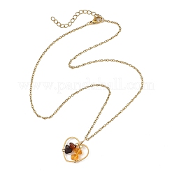 Collane con ciondolo a cuore in acciaio inossidabile 304 e catena a maglie sottili con perline di ambra naturale per donna&nbsp;NJEW-JN06695