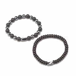 2pcs 2 style roche de lave naturelle et noix de coco et hématite synthétique perlé ensemble de bracelets extensibles&nbsp;BJEW-JB07829