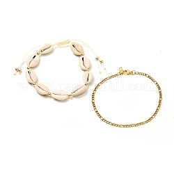 Ensemble de bracelets de cheville en perles tressées en coquillage cauri naturel pour fille femme, 304 chaînes de cheville figaro en acier inoxydable, or, mousseline de citron, 9-1/4 pouce (23.5 cm), 2-1/4~3 pouce (5.6~77 cm), 2 pièces / kit