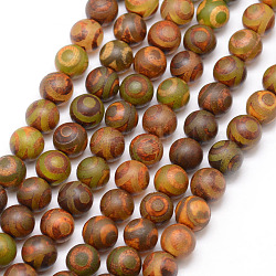 Tibetan Style 3-Eye dZi Beads, Natural Agate Bead Strands, Round, Matte Style, Dyed & Heated, Olive, 8mm, Hole: 1mm, about 23pcs/strand, 7.5 inch