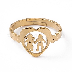 Ion Plating(IP) 201 Stainless Steel Heart with Lovers Adjustable Ring for Valentine's Day, Real 18K Gold Plated, US Size 6 1/4(16.7mm)