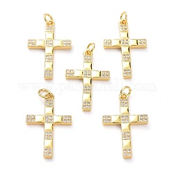 Brass Micro Pave Clear Cubic Zirconia Pendants, with Jump Ring, Long-Lasting Plated, Cross, Real 18K Gold Plated, 25x16x2mm, Jump Rings: 5x1mm, 3.5mm Inner Diameter