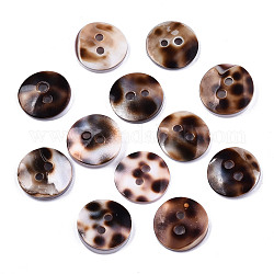 Botones de concha de espiral natural, 2 agujero, estampado de leopardo imatation, plano y redondo, café, 12~13x1.5~3mm, agujero: 1.5 mm