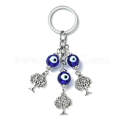 Porte-clés pendentif arbre de vie en alliage, avec des perles de lampe mauvais œil faites à la main et des porte-clés fendus, bleu foncé, 10.5 cm