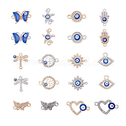 ARRICRAFT Jewelry Making Findings Kits, including Evil Eye Alloy Enamel Connector Charms and Pendants, with Crystal Rhinestones, Blue, Mixed Shapes, Platinum & Light Gold, 14~24.5x9.5~16.5x2.5~3mm, Hole: 2~2.5mm, 20pcs/set, 2 sets/box