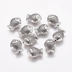 Tibetischer stil legierung perlen, Cadmiumfrei und Nickel frei und Bleifrei, Fisch, Antik Silber Farbe, 14x11x4 mm, Bohrung: 1 mm