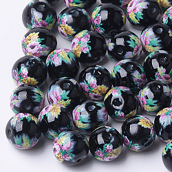 Perlas de vidrio impresas y en spray, redondo con estampado de flores, negro, 8~8.5x7.5mm, agujero: 1.4 mm