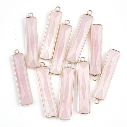 Pendentifs de quartz rose naturel, avec les accessoires en laiton, facette, rectangle, or, 46.5x10x5mm, Trou: 2mm
