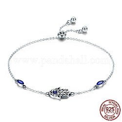 925 Sterling Silver Cubic Zirconia Slider Bracelets, Adjustable, with 925 Stamp, Hamsa Hand/Hand of Fatima /Hand of Miriam with Horse Eye, Antique Silver, 8-5/8 inch(22cm)