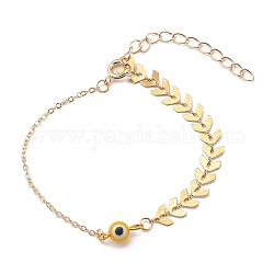 Bracelets de perles rondes au chalumeau mauvais œil, avec 304 chaînes épis en acier inoxydable et chaînes porte-câbles en laiton, or, jaune, 6-3/4 pouce (17.1 cm)