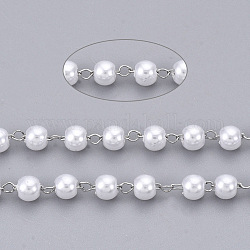 Chaînes en perles d'imitation imitation plastique abs faites main, soudé, avec 304 chaîne et bobine en acier inoxydable, blanc crème, platine, lien: 2.5x1.5x0.3 mm, environ 65.61 pied (20 m)/rouleau