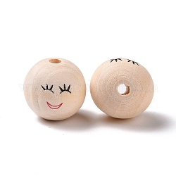 Printed Wood European Beads, Large Hole Round Bead with Smiling Face Pattern, Undyed, Bisque, 20x17.5mm, Hole: 4.7mm, about 217pcs/500g