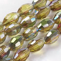 Electroplate Glass Beads Strands, Half Plated, Faceted, Oval, Goldenrod, 6x4mm, Hole: 1mm, about 72pcs/strand, 16 inch