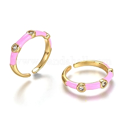 Латунные кольца из манжеты с прозрачным цирконием, открытые кольца, с эмалью, реальный 18k позолоченный, долговечный, розовый жемчуг, размер США 7 1/4 (17.5 мм)