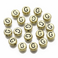 Chapado de abalorios de acrílico, agujero horizontal, plano y redondo con la letra, oro chapado, negro, letter.g, 7x4mm, agujero: 1.2 mm.
