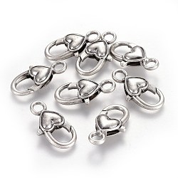 Tibetan Style Heart Lobster Claw Clasps, Lead Free & Nickel Free & Cadmium Free, Thailand Sterling Silver Plated, 27x13.5x6mm, Hole: 4mm