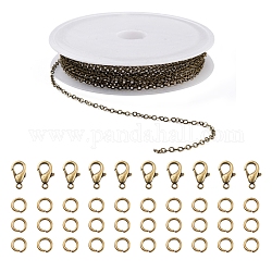 Kit de fabrication de bijoux de chaîne de câble en laiton diy 3m, avec 30pcs anneaux de saut ouverts en fer avec 10pcs fermoirs à griffes de homard en alliage de zinc, bronze antique, maillon de chaîne: 2x1.8x0.2mm