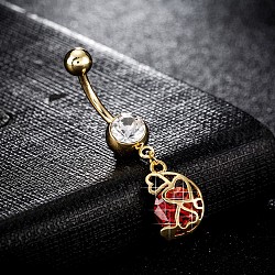 Piercing Jewelry, Brass Cubic Zirconia Navel Ring, Belly Rings, with Surgical Stainless Steel Bar, Cadmium Free & Lead Free, Real 18K Gold Plated, Red, 40x9mm, Bar: 15 Gauge(1.5mm), Bar Length: 3/8