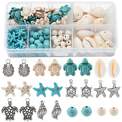 SUNNYCLUE 1 Box 170Pcs Turtle Beads Boho Style Starfish Beads Bulk Blue White Synthetic Turquoise Sea Turtles Bead Charms Hawaii Shell Bead Round Loose Spacer Beads for Jewelry Making Beading Kits