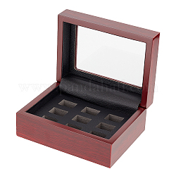Caja de exhibición de anillos de campeonato de madera de 9 ranura, escaparate organizador de anillos de ventana visible de vidrio, de color rojo oscuro, 16x12x7.1 cm, rejilla: 1.8x2.6 cm