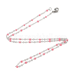304 Stainless Steel Cable Chain Necklaces, with Enamel Links and Lobster Claw Clasps, Solder, Flamingo, 17.7 inch(45cm), 1.7~2.5mm