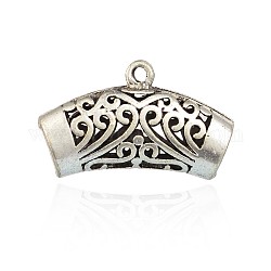 Tibetan Style Alloy Tube Bails, Loop Bails, Scarf Bail Beads, Curved Hollow Tube with Flower Pattern, Antique Silver, 32x19x7mm, Hole: 2mm, Inner Diameter: 5x6mm