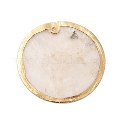 Pendenti in conchiglia naturale, ciondoli rotondi piatti con bordo in ottone placcato oro, 49.5x1mm, Foro: 1.2 mm