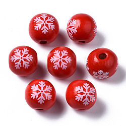 Gemalte europäische Perlen aus Naturholz, Großloch perlen, gedruckt, Weihnachten, Runde mit Schneeflocke, rot, 16x15 mm, Bohrung: 4 mm
