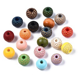 Perles de bois naturel peintes, motif gravé au laser, ronde, couleur mixte, 10x9mm, Trou: 2.5mm