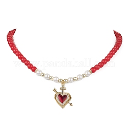 Collana con ciondolo a forma di cuore in ottone con zirconi cubici, con giada naturale della Malesia tinta e perle di conchiglia, rosso, 15.59 pollice (39.6 cm)