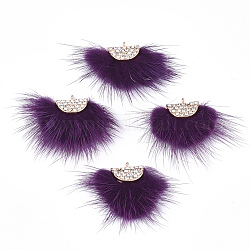 Faux Mink Fur Tassel Pendant Decorations, with Rhinestone and Alloy Findings, Fan, Golden, Purple, 24~28x29~34x8mm, Hole: 1.5mm