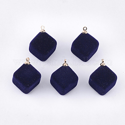 Flocky Acrylic Pendants, with Brass Findings, Cube, Golden, Prussian Blue, 24x17.5x17mm, Hole: 1.6mm