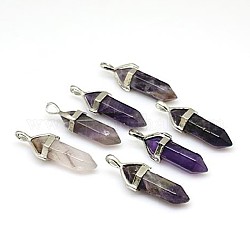 Natural Amethyst Pointed Pendants, with Brass Findings, Bullet, Platinum, 38~45x13mm, Hole: 4x2mm