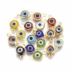 Handmade Evil Eye Lampwork Links connectors, with 304 Stainless Steel Findings, Flat Round, Golden, Mixed Color, 12.5x7x2.5mm, Hole: 1.5mm