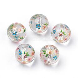 Gedruckt Glasperlen, Runde mit Blumenmuster, Transparent, 11~12x11 mm, Bohrung: 1.5 mm