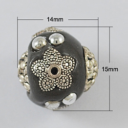 Handmade Indonesia Beads, with Alloy Cores, Round, Dark Gray, 15x14mm, Hole: 2mm