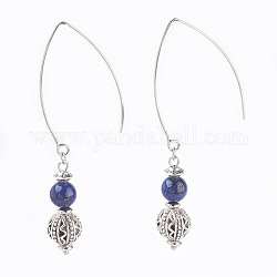 Lapis lazuli naturelles perles balancent des boucles d'oreilles, avec accessoires en alliage et crochet d'oreille en 304 acier inoxydable, ronde, couleur inox et argent antique, 72mm, pendentif: 32x8 mm, pin: 0.7 mm