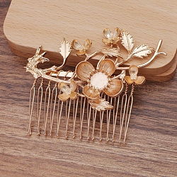 Iron Hair Comb Cabochon Settings, with Alloy Flower, Light Gold, 62x77x10mm