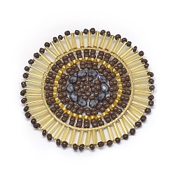 Gros pendentifs tissés à la main, avec perles de verre et accessoires dorés en 304 acier inoxydable, plat rond, brun coco, 51~52x4mm
